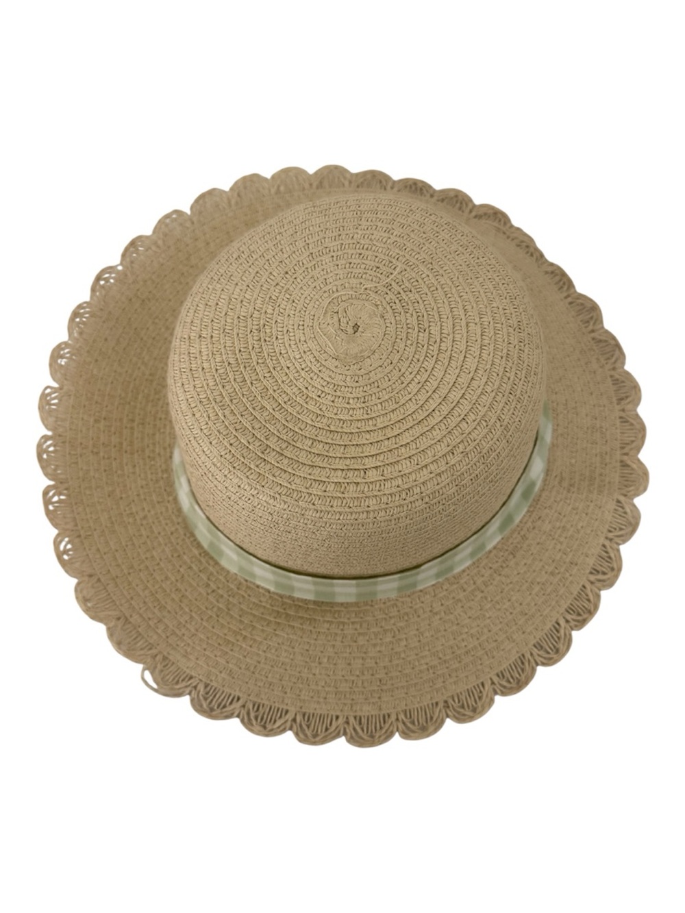 Beach Straw Sun Hat with Green Gingham Tie